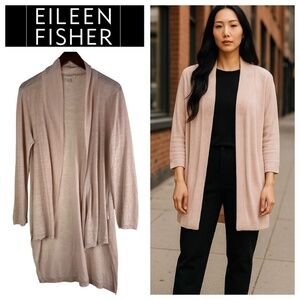 Eileen Fisher Open Cardigan Thin Sweater Sz PL LP Petite Large LINEN Tan Beige